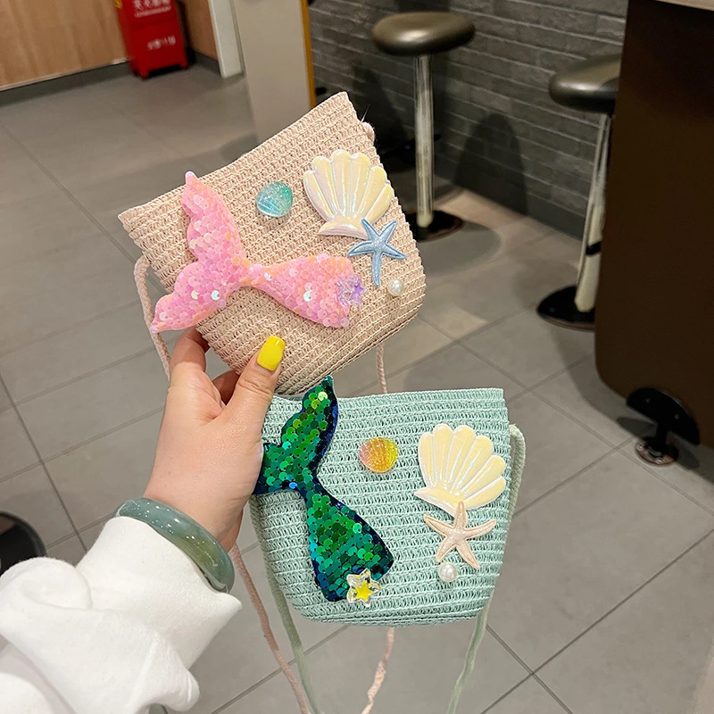 Cartoon Ocean Children's Straw Shoulder Bags Princess Beach Crossbody Bag Accessories Cute Girls Small Change Purse Handbags