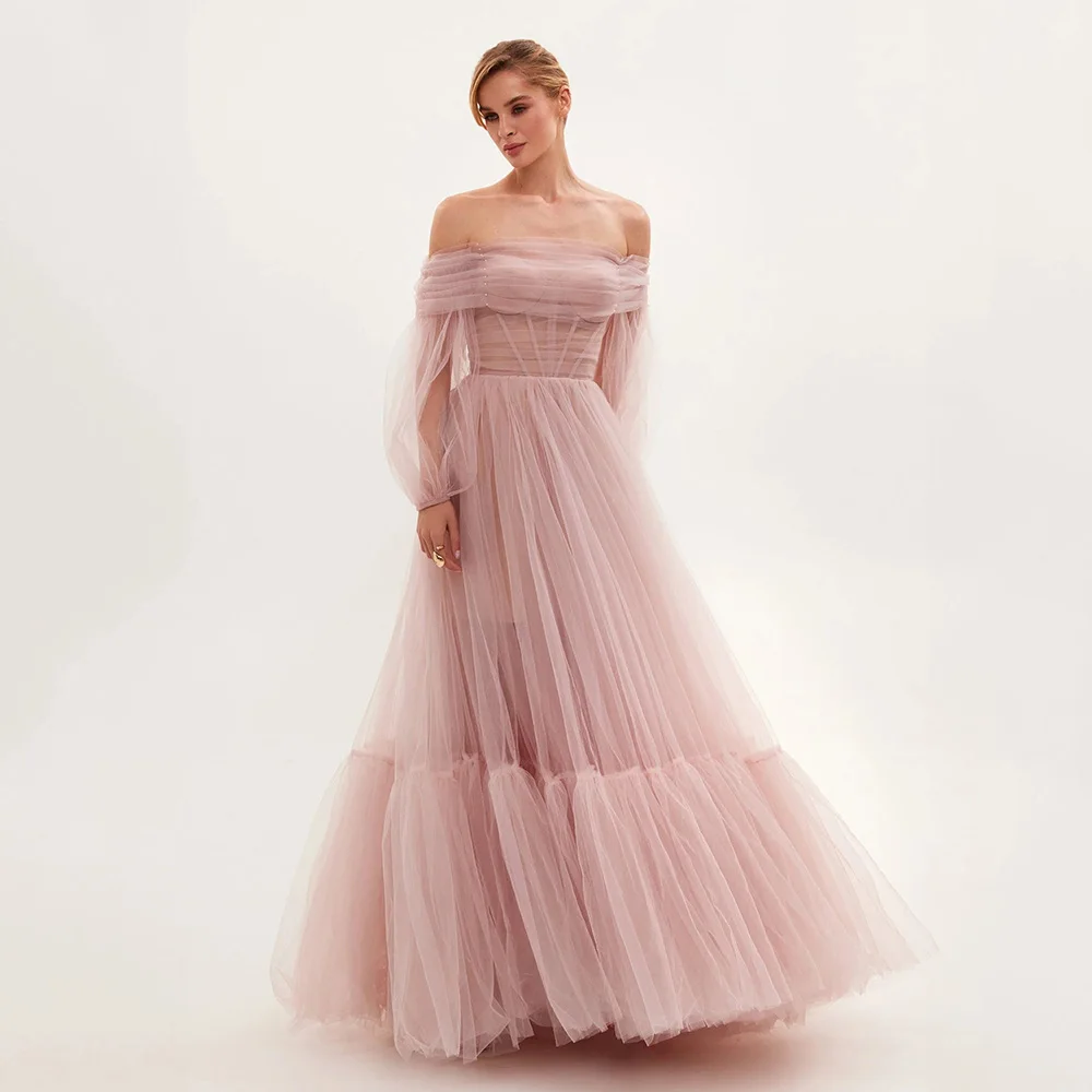 

DRESS FORU Elegant Pink Evening Dress Tulle for Floor-Length One Word Collar Backless Prom Dress Vestidos De Fiesta Customized