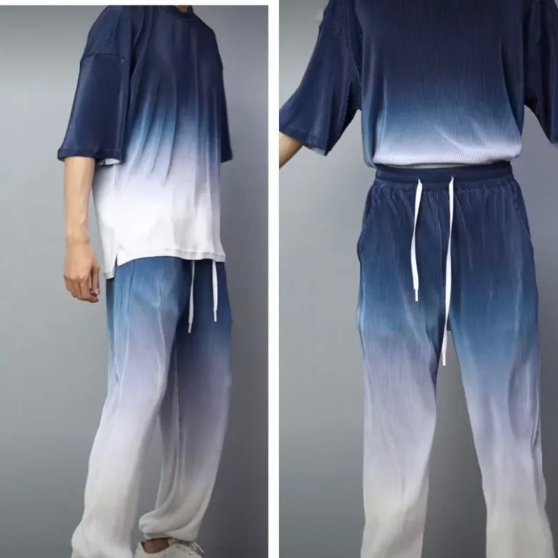 Calça de moletom masculina t camisa conjuntos de seda gelo regular ajuste marcas originais magro estiramento básico t de duas peças legal calças masculinas conjunto