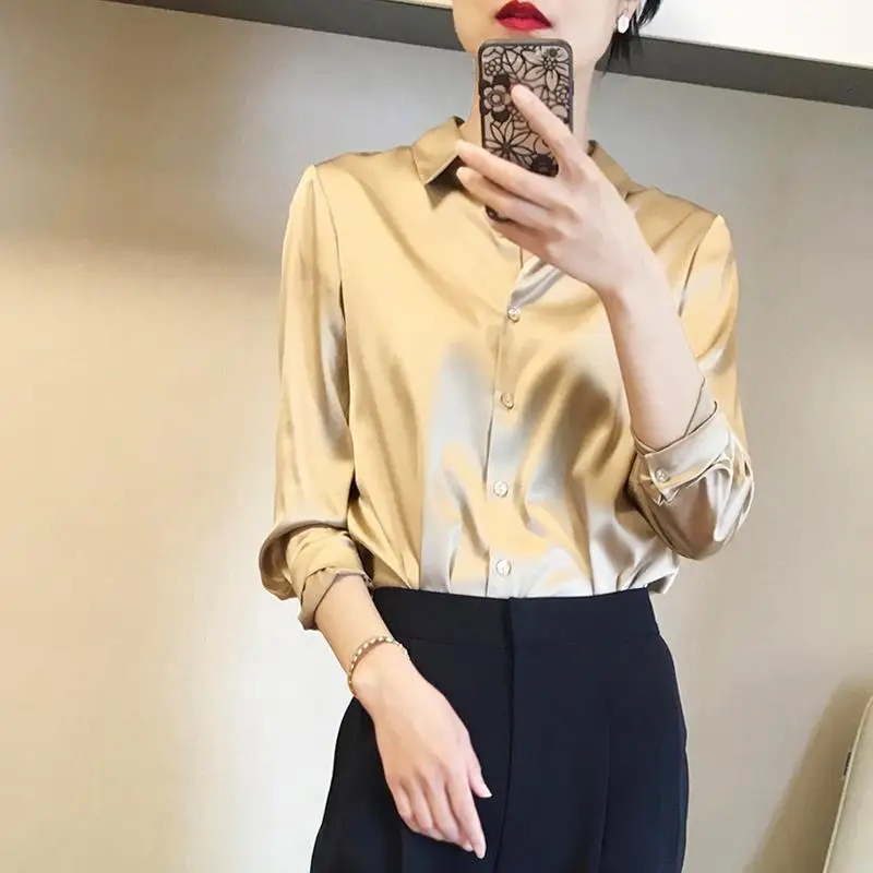 Fashion Lapel Button Solid Color Satin Shirt Women Clothing 2023 Spring New Loose Commute Tops All-match Casual Blouse