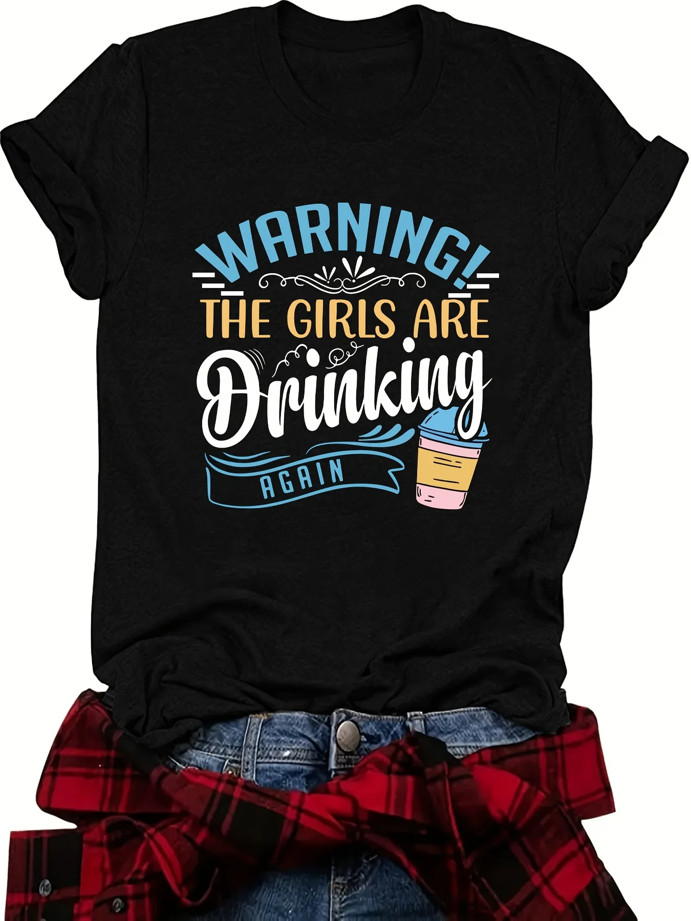 Plus Size Drinking Letter Print T-Shirt, Casual Crew Neck Short Sleeve T-Shirt, Women's Plus Size Clothing