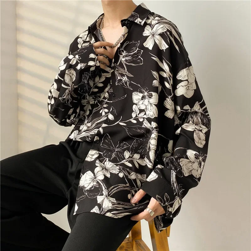 Spring Black Long-sleeved Shirt Men Fashion Society Mens Dress Shirt Korean Loose Casual Flower Shirt Mens Print Shirt M-3XL