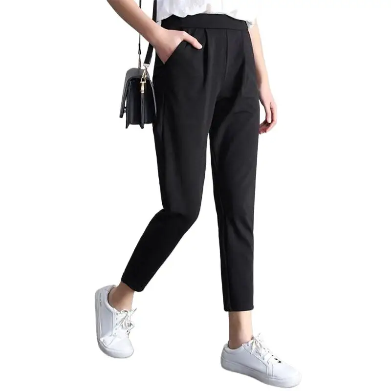 

korean Black Harem Pants Ladies Autumn Chiffon Casual Pleated Split Pencil Pants Formal Street Summer Trouser pantalones