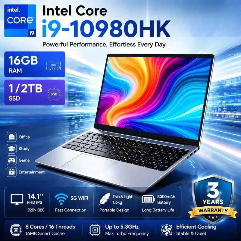 New Intel Core I9 10980HK Laptop 14.1 inch 16GB RAM 1TB 2TB SSD Portable Gaming Laptops  Office PC Notebook Computer