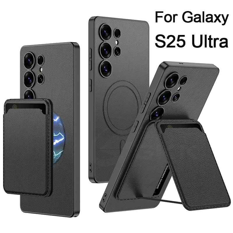 Magnetic Wireless Charge Leather Case For Samsung Galaxy S25 Ultra Card Package Holder Shockproof Cover for Galaxy S25Ultra Case