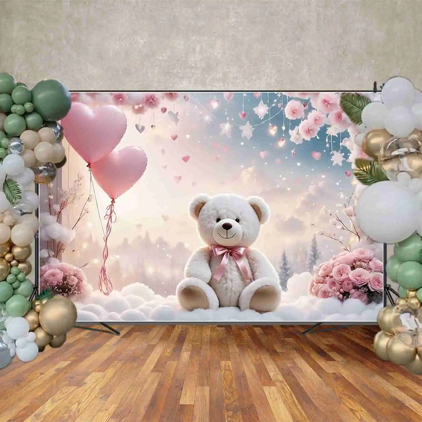 Mond. qg Blume Schneeflocke ein Geburtstag Hintergründe Kinder Stern Ballon Teddybär Kulissen Party Dekoration Fototermin Requisiten