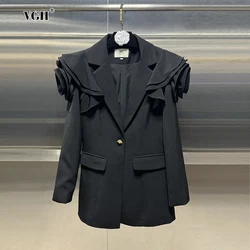 VGH Casual Spliced Appliques Solid Blazers For Women Notched Collar Long Sleeve Patchwork Button Slimming Blazer Female Style