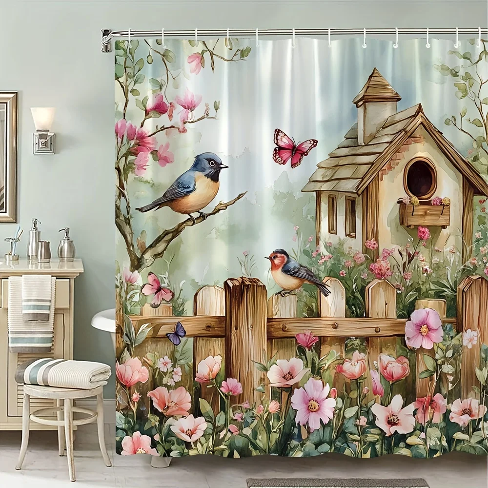 Bird House Garden Shower Curtain With Pink Flowers And Birds Rustic Country Design Nature Inspired Bathroom Decor Artistic