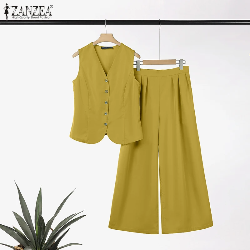 ZANZEA Damen-Hosensets, weite Hose und ärmelloses Westenoberteil mit V-Ausschnitt, 2-teilige Anzüge, Sommer, elegante OL-Pendler-Sets, Outfits