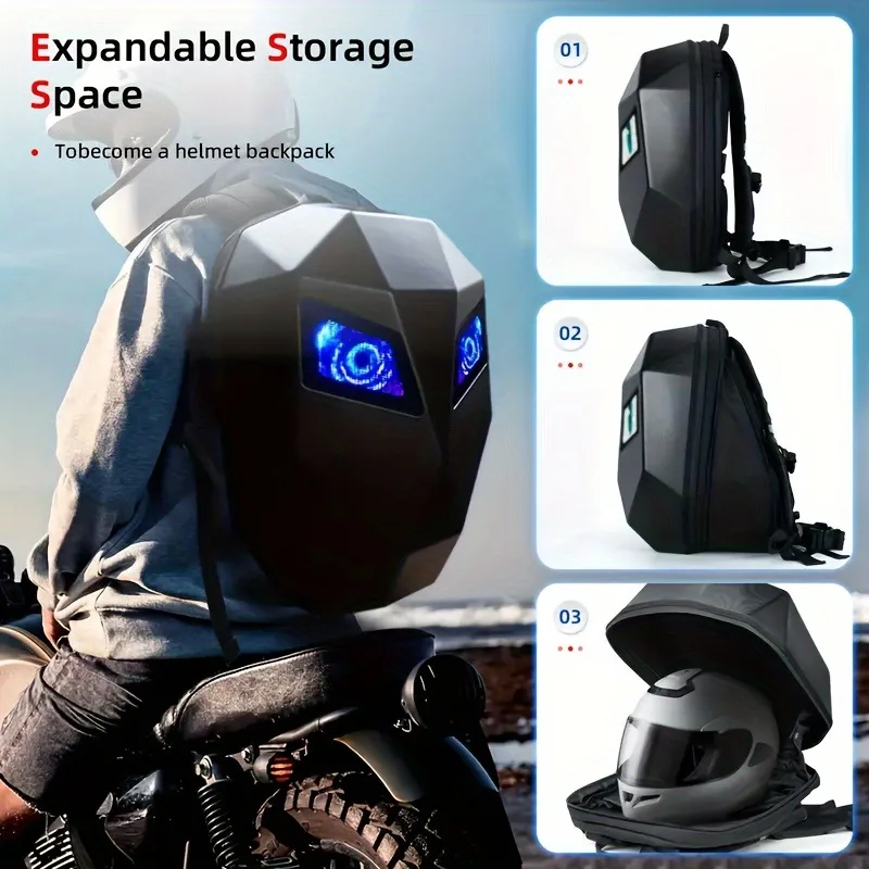 

Men's LED motorcycle backpack with DIY programmable full color display - High capacity, waterproof hard shell helmet bag, stylis