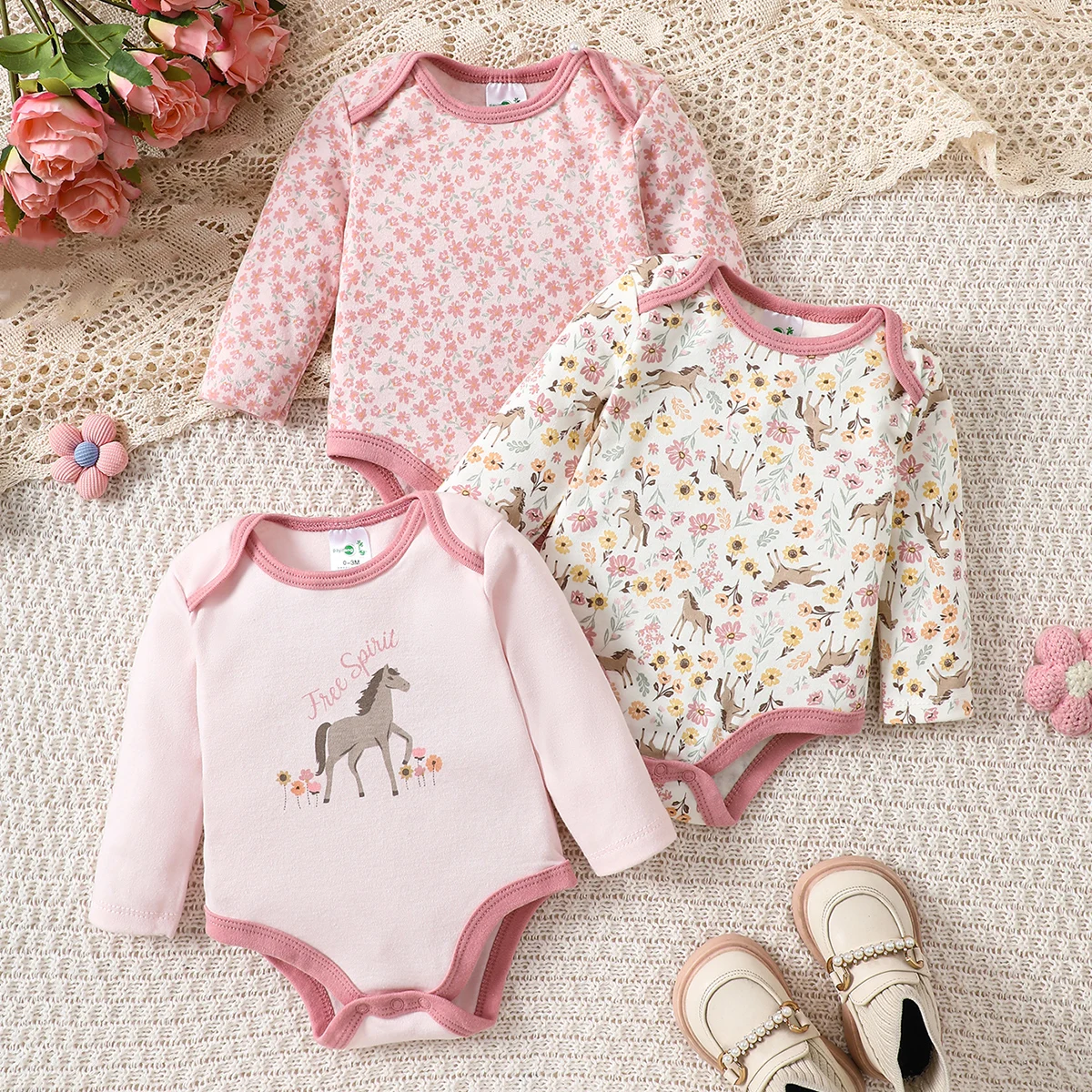 

3PCS Baby girl onesie New style baby girl clothes Spring/Autumn long-sleeved onesie Cotton fabric Suitable for 0-9months