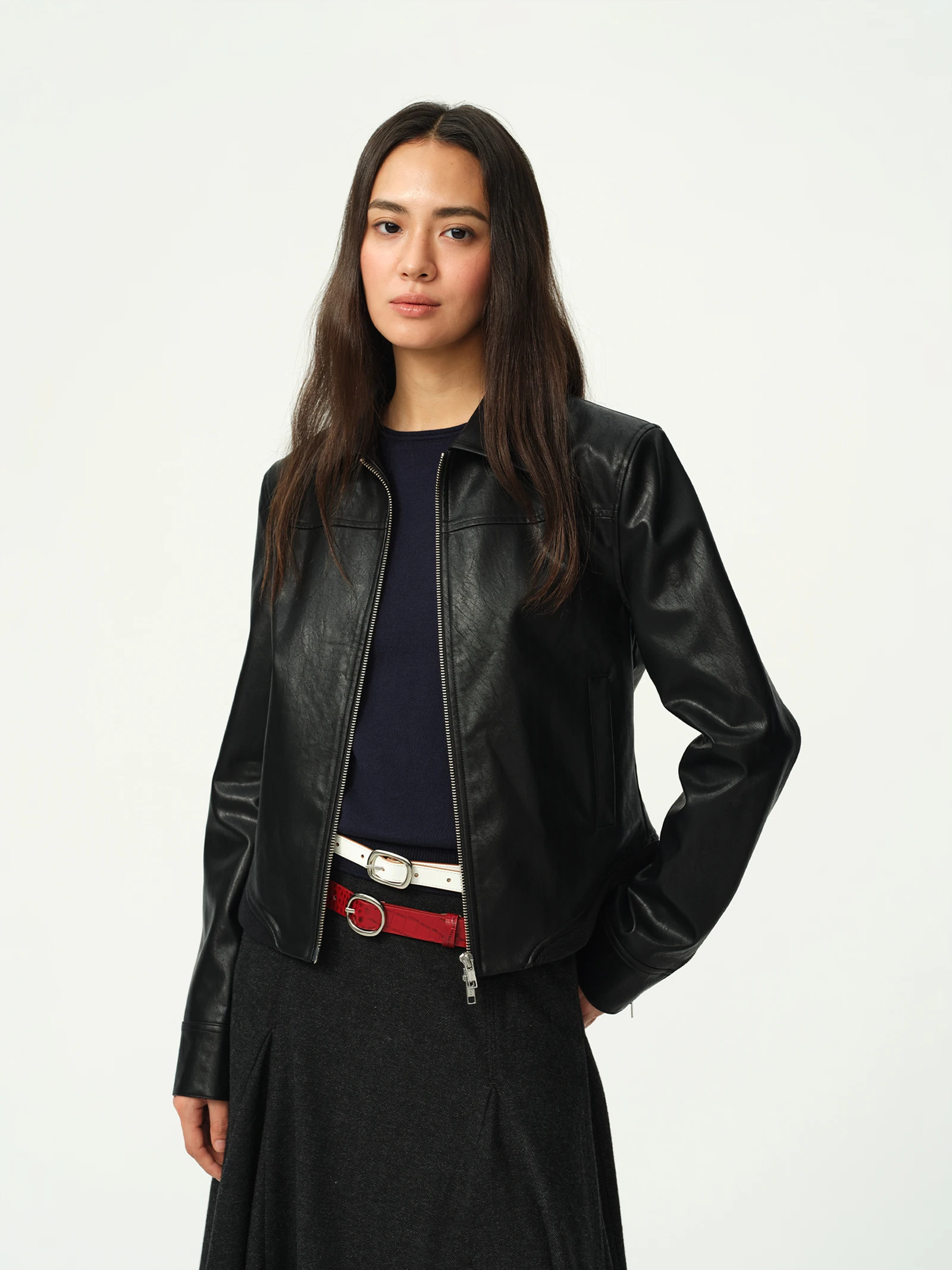 Jaqueta de Couro Retro para Motocicleta Evistub, Feminina, com Zíper, Ajuste no Ombro, Casaco de Couro PU para Outono e Inverno