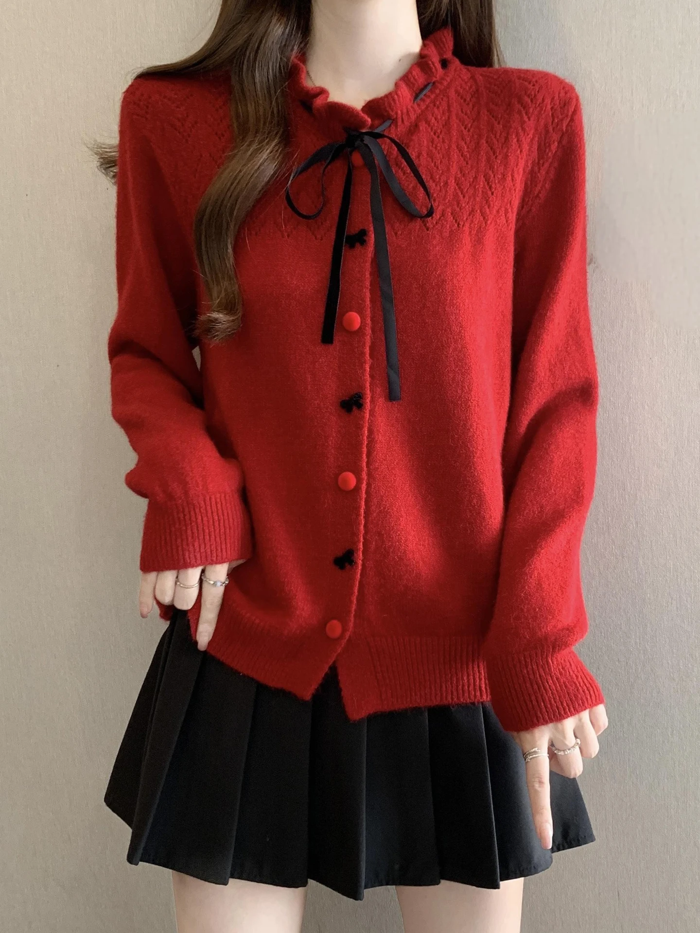 

Красный вязаный кардиган для женщин, осенне-зимний, больших размеров, красивый свитер с узлами, корейский стиль, свободный крой, теплый