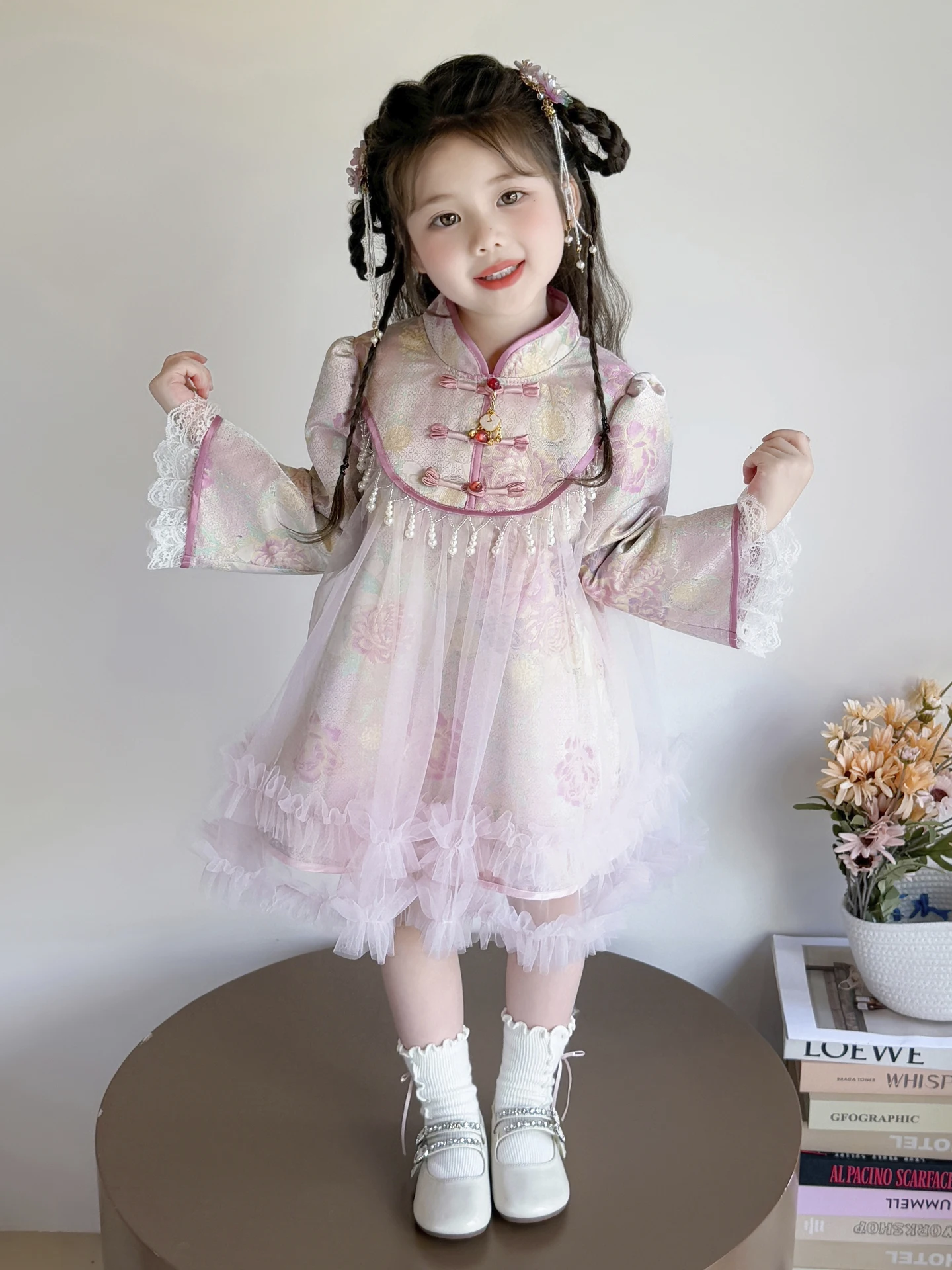 Vestido de estilo chinês clássico para meninas, com gola alta e renda, para outono, nova chegada, saia tradicional infantil e...