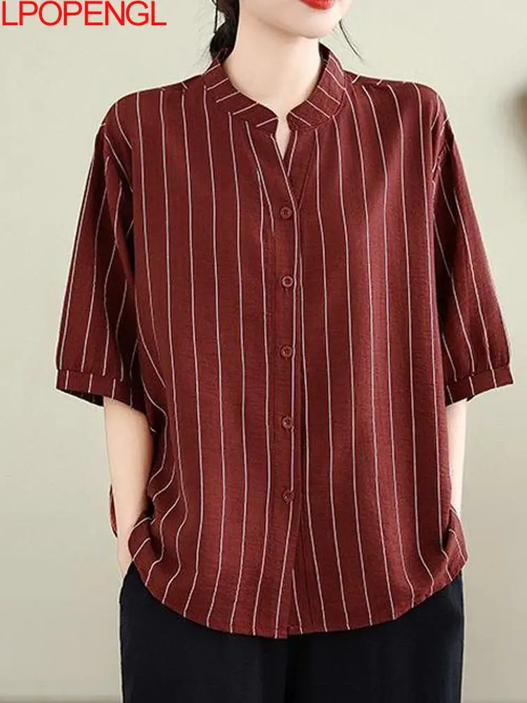

Новая модная женская рубашка в полоску с коротким рукавом в французском офисном стиле, летний универсальный свободный топ-кардиган на одной пуговице