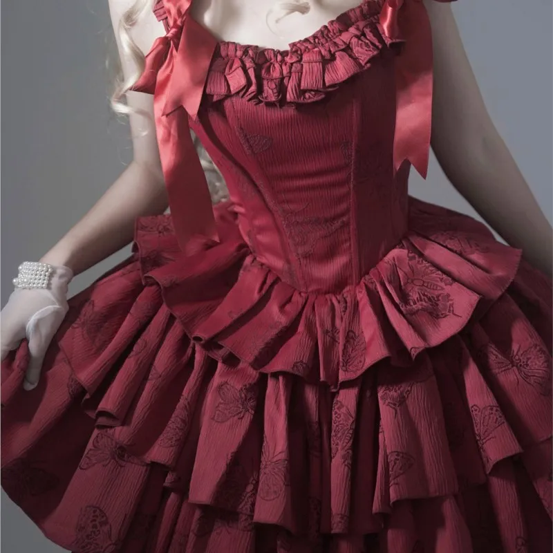 Wine Red Fishbone Christmas New Valentine's Day Three Paragraphs Dress