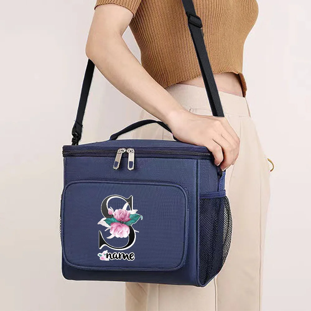 Customizable Name Blue Lunch Bag Insulated Handbag Black Letter Series Multi Functional Picnic Lunch Box Waterproof Lunch Box