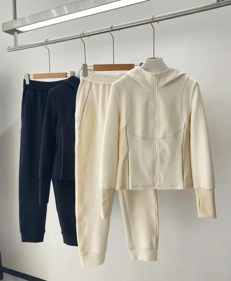 

Women Beaded Color Patchwork Set Elastic Waist Trousers or Long Sleeve Zipper Hooded Jacket Casual Autumn 2024 Suit