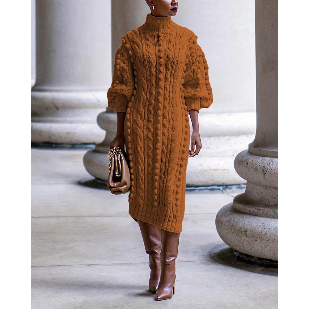 Women High Neck Twist Rope Lantern Sleeve High Side Slit Knitted Sweater Dress Winter Fashion Femme Solid Dress Elegant Clothing