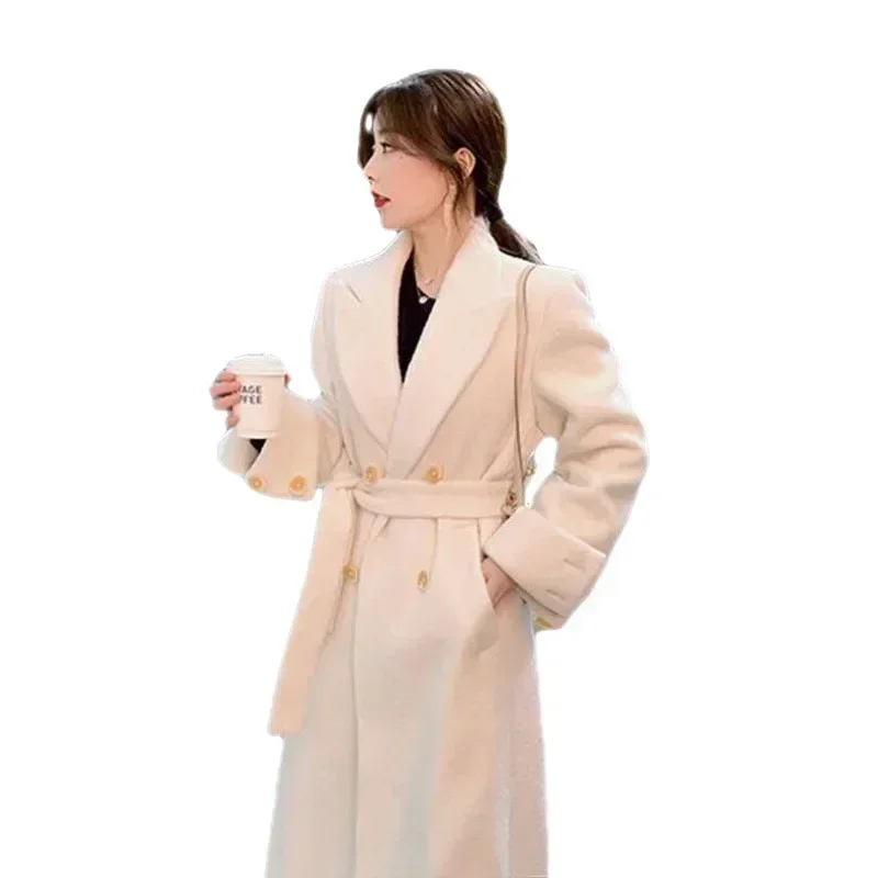 Elegant Long Wool Coat Women Belt Bandage Outwear Korean Oversized Cardigan Woolen Overcoat Winter Lace Up All Match Jackets New