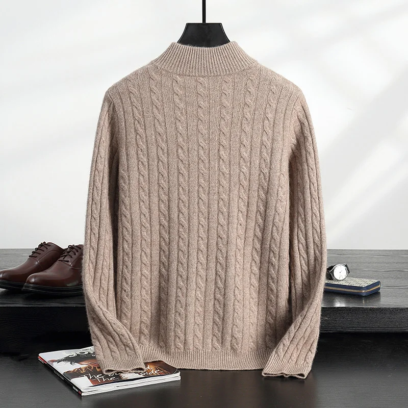 Autumn And Winter New 100% Cashmere Sweater Men's Long-Sleeved Pullover Casual Semi-High Round Neck Knitted Bottoming Coat.