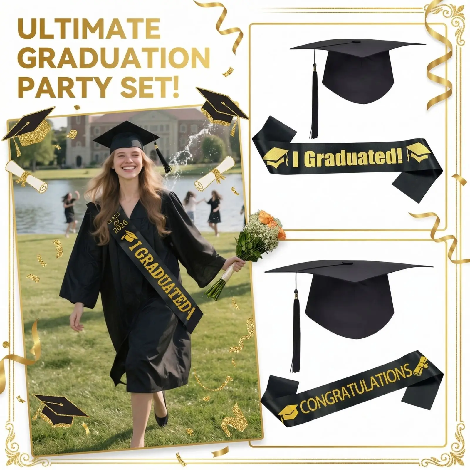 Unisex Graduation Cap with Sash Graduation Stole Set Commencement High School Graduation College Graduate Photograph Supplies