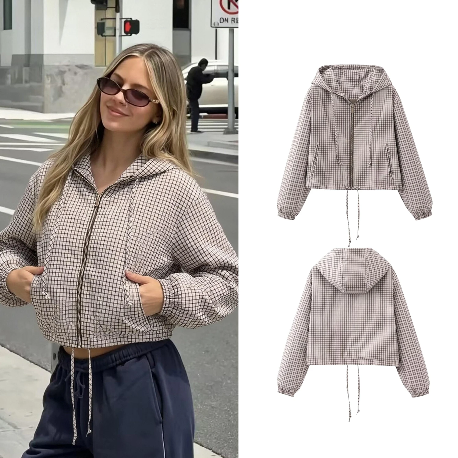 Women Plaid Hooded Jackets Spring Autumn Female Long Sleeve Zip Loose Drawstring Outerwear Lady Casual Chic Street Short Coats