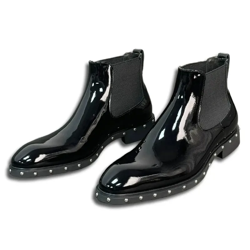 Designer Pointed Toe Chelsea Boots Men's Shoes Handmade Metal Rivets Cowhide Slip on British Trendy Business Work Boots Male