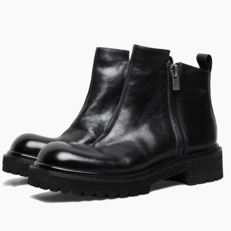 Retro Horse Leather Washed Handmade High Top Boots Shoes for Men's Thick Soled Height Increased Shoes Zipper Chelsea Short Boots