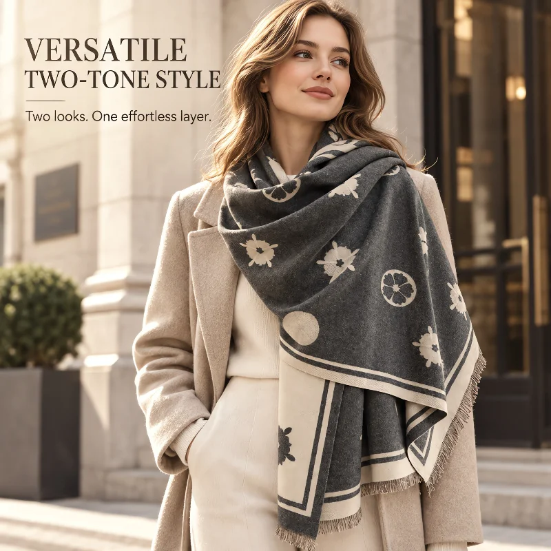 Women Cute Fruit Print Scarf Imitation Cashmere Fringe Edge Large Warm Shawl Wrap Autumn Winter Fashion Neck Scarves