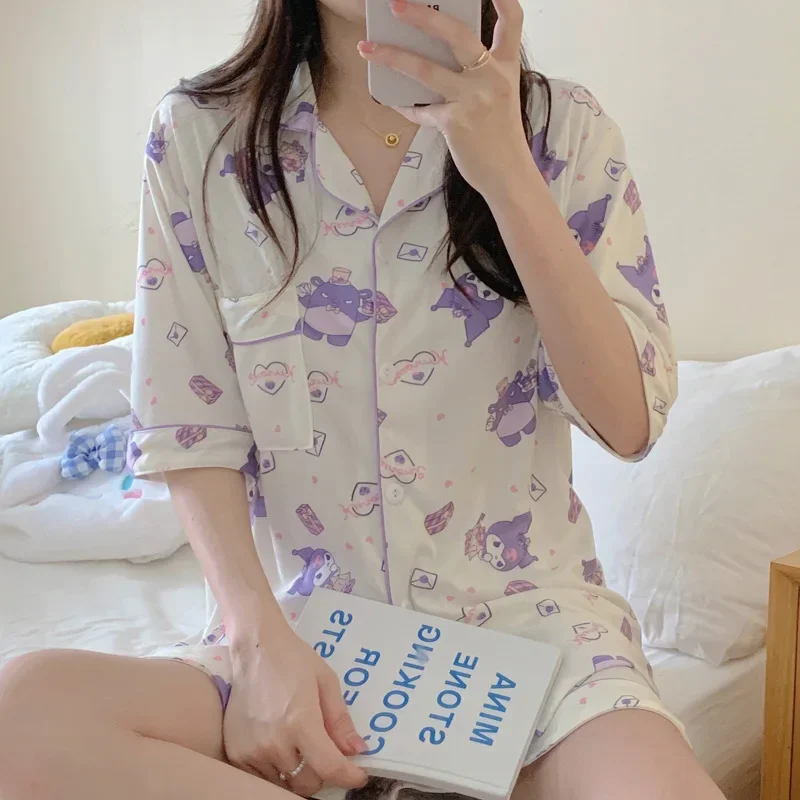 Kawaii Sanrio Pochacco Pajamas for Women 2023 Summer New Rollover Cardigan Cartoon Ins Student Suit Outwear Home Suit