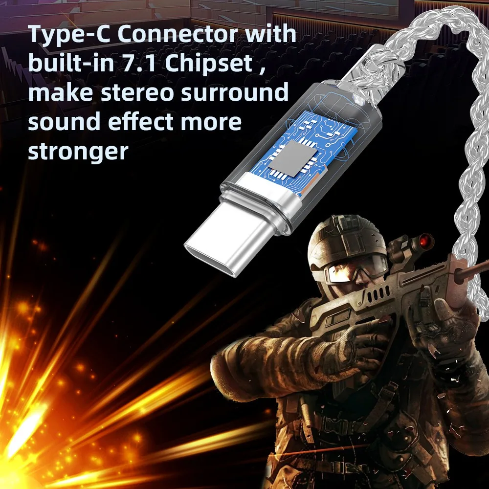 Lafitear cabo de atualização de fone de ouvido banhado a prata tipo C DAC S-PIN HIFI V7.1 estéreo USB-C para QDC KZ TRN IEMs