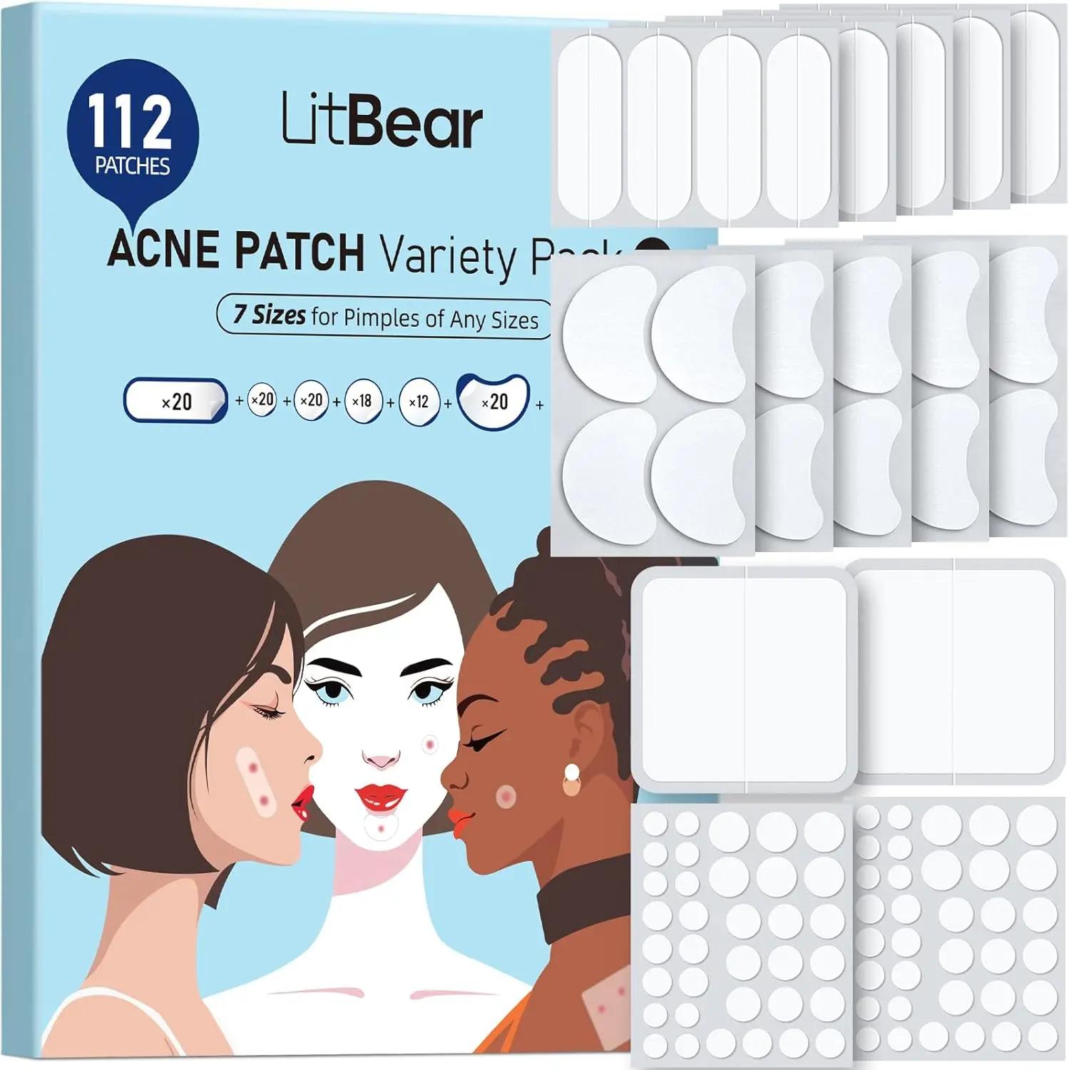 

Large Pimple Patches (7 Sizes, 112 Counts), XL Hydrocolloid Bandages for Full Face, Body, Back & Neck, Oval, Moon, Square Patches