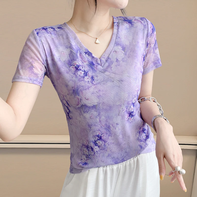Summer Faion Floral Print Me ort Sve T-irt Women Slim Fit V-Ne f Sve Top Trendy Street Sle Moisture ng