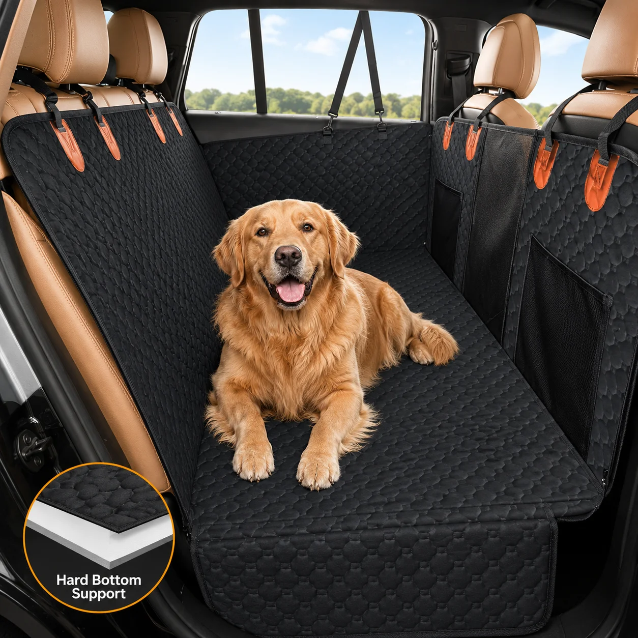 Hard Bottom Dog Car Seat Cover for Large Dogs, Waterproof Nonslip Back Seat Extender Hammock with Side Flaps for Cars SUVs