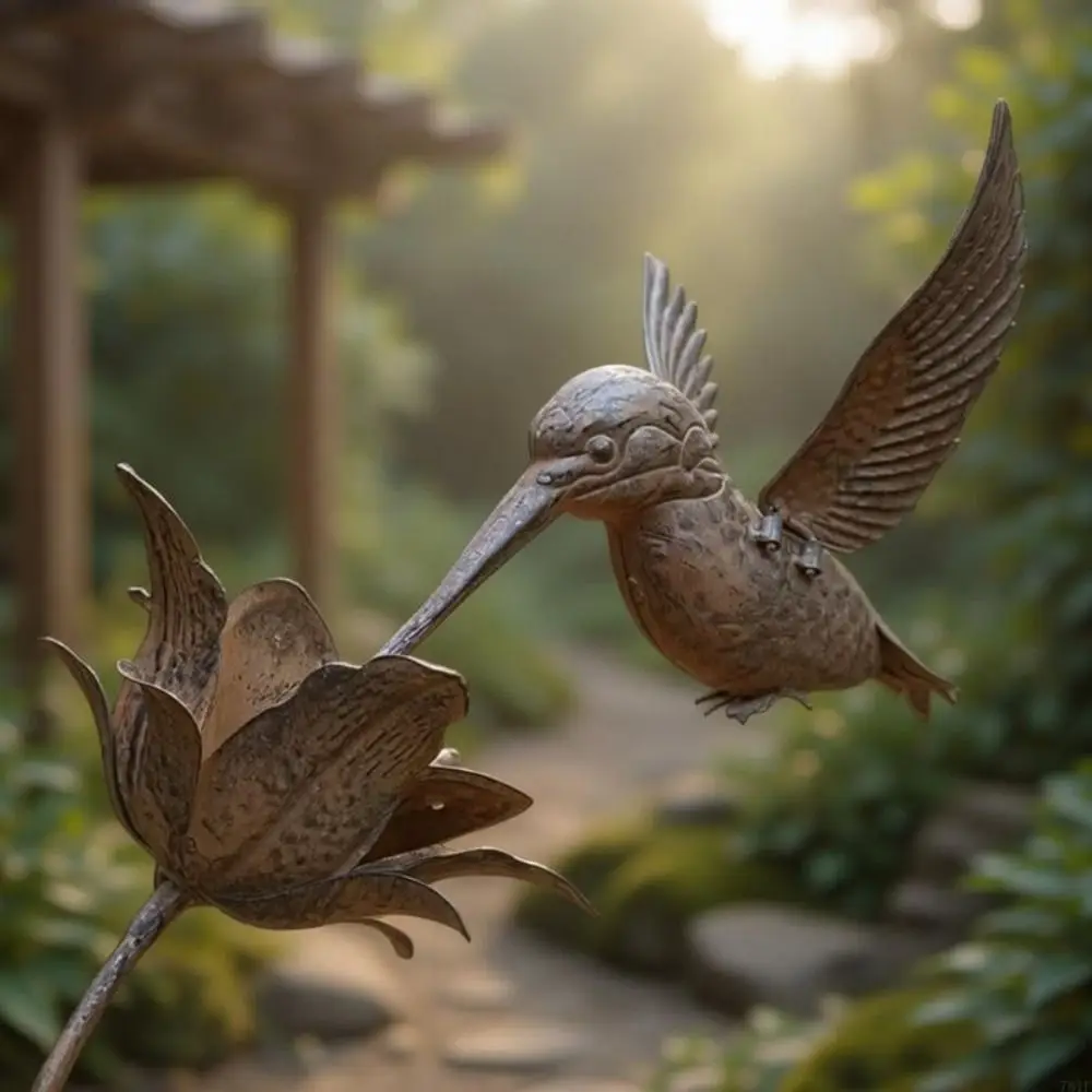 Rusty Metal Texture Hummingbird Garden Stake Weather Resistant Iron Easy Installation Wrought Iron Bird Statue