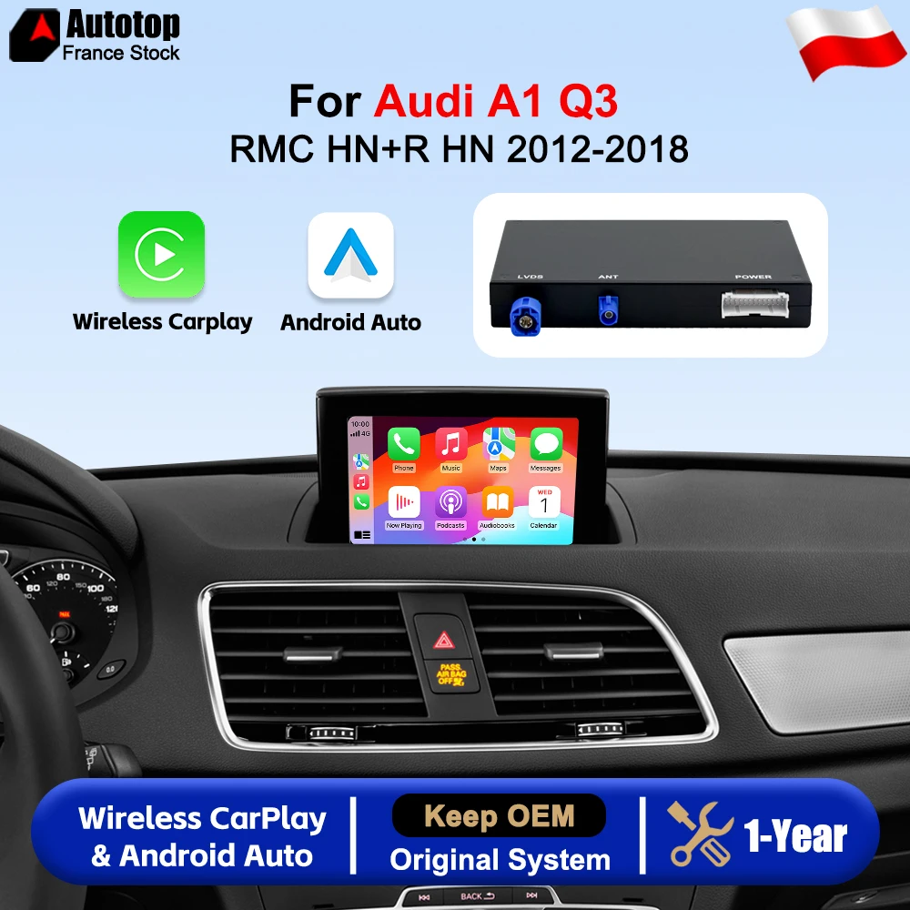 Modulo di interfaccia wireless CarPlay e Android Auto per Audi A1 Q3 RMC HN HN+R 2012-2018, con decoder aggiornato e adattatore Bluetooth per CarPlay, AirPlay, Mirror Link e navigazione GPS.