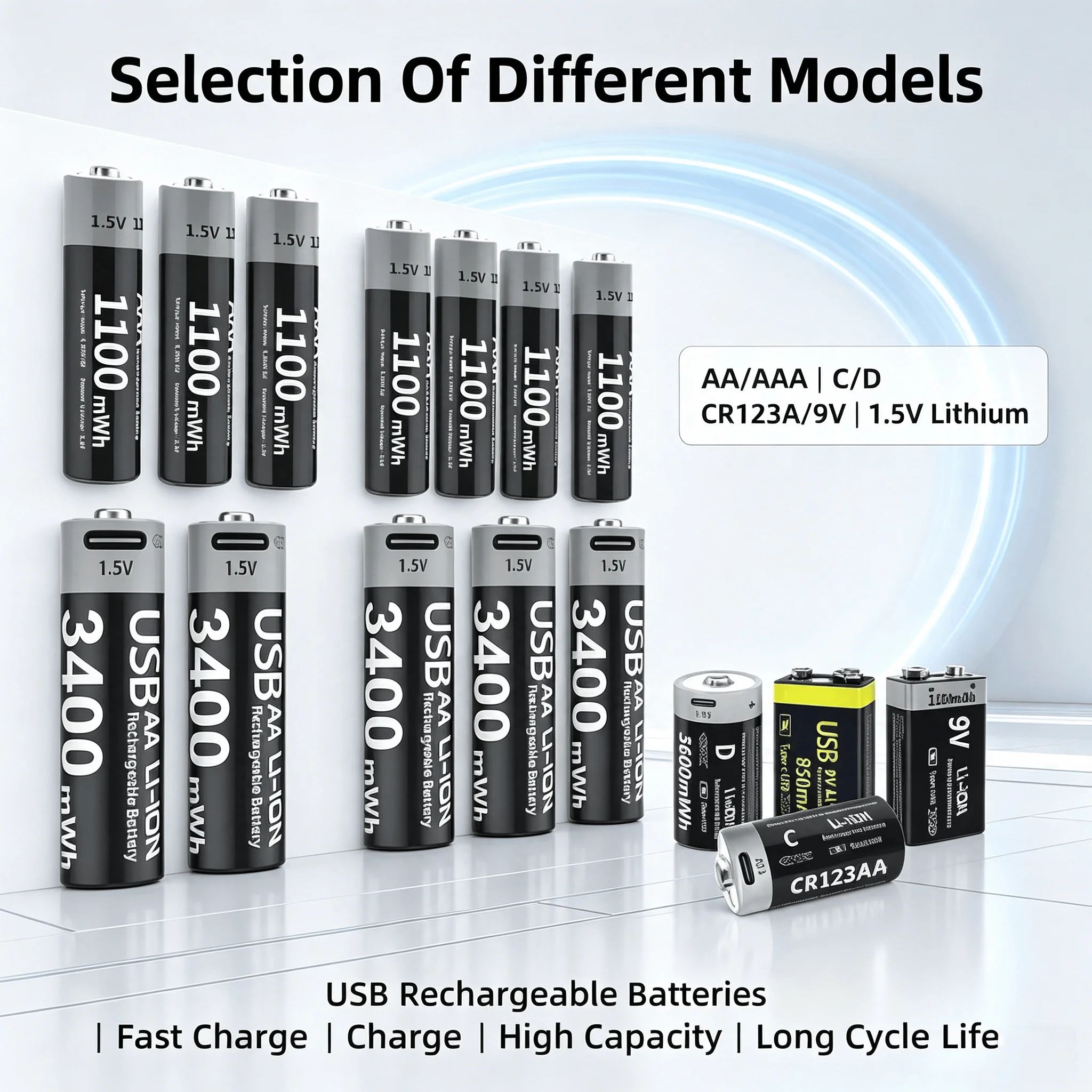 High Capacity AA/AAA /C/D CR123A 9V USBRechargeable Batteries USB Lithium-ion 3400mWh/1100mWh AA AAA 1.5V Rechargeable Batteries