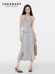 CHEERART Summer 2 Piece Sets Women Outfit Patchwork Gray Backless Long Skirt And Top Designer Matching Set Outfits