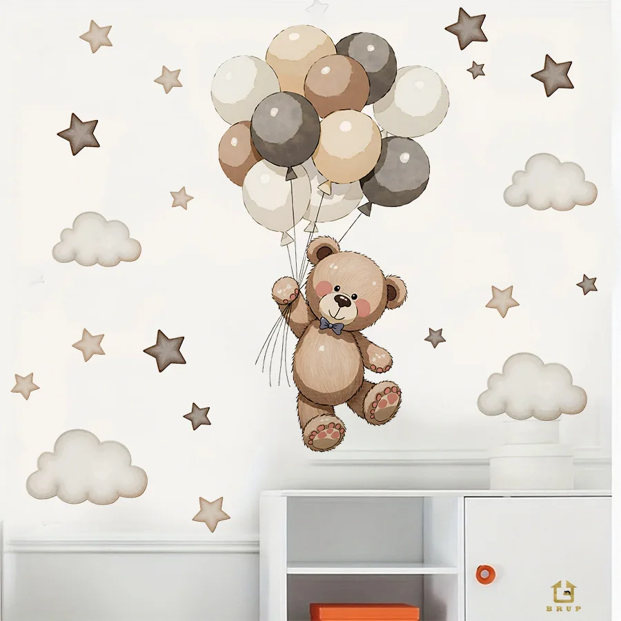 Adorable Teddy Bear Wall Decals Removable Decor With Balloons Stars & Clouds For Kids’ Bedroom Playroom Baby Nursery