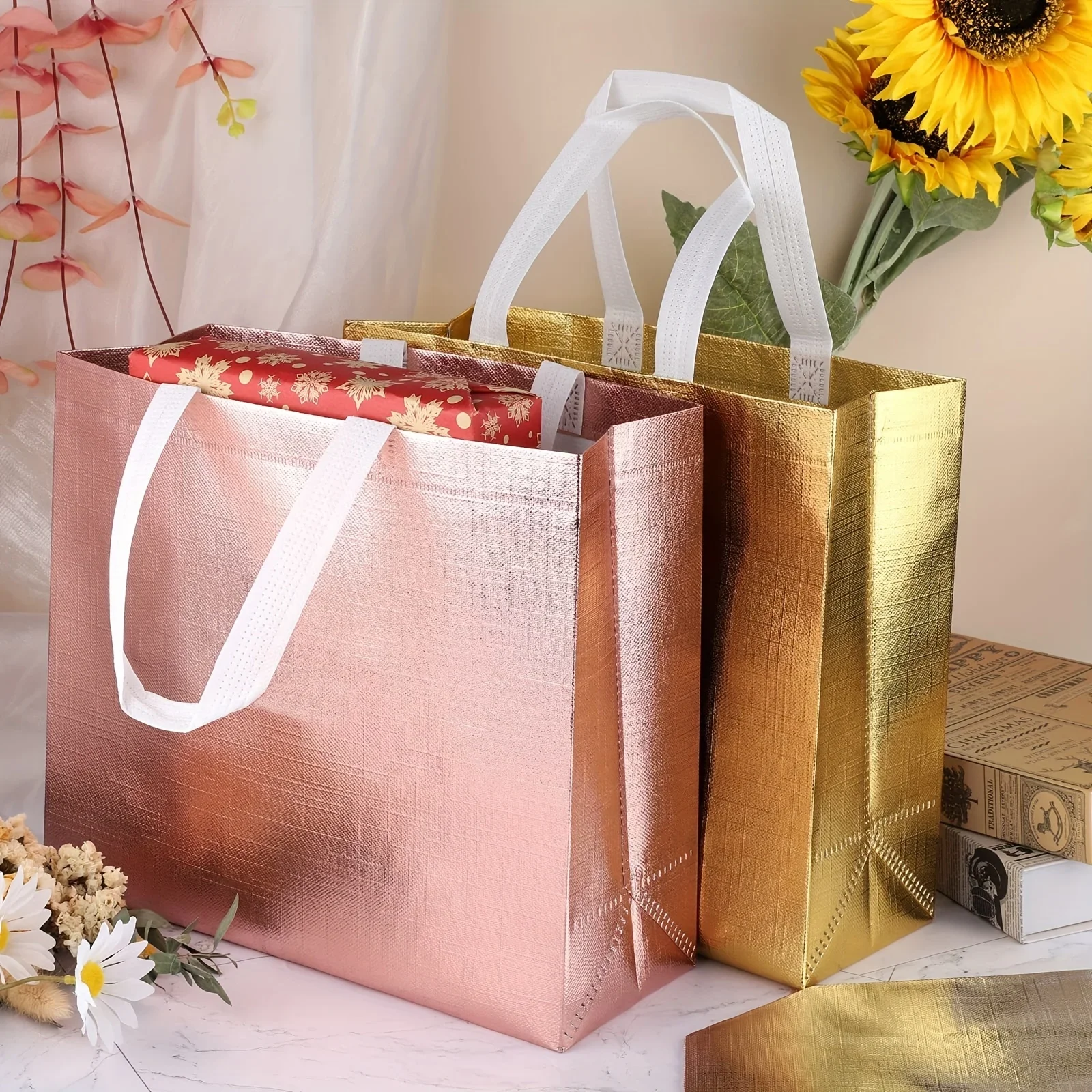 50pcs Glossy Reusable Grocery Bags Reusable Gift Bags Bachelorette Non-Woven Bridesmaid Gift Bag For Birthday Wedding Party