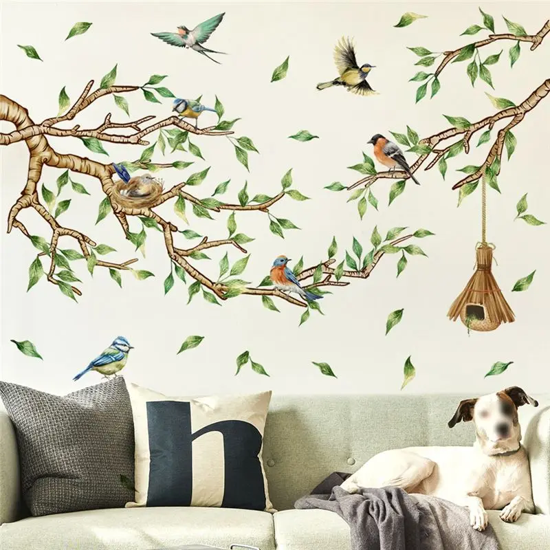 A55F-Colorful Flower And Bird Branch Wall Stickers, Peeling And Pasting, Green Leaf Bird'snest Wall Stickers, For Living Room