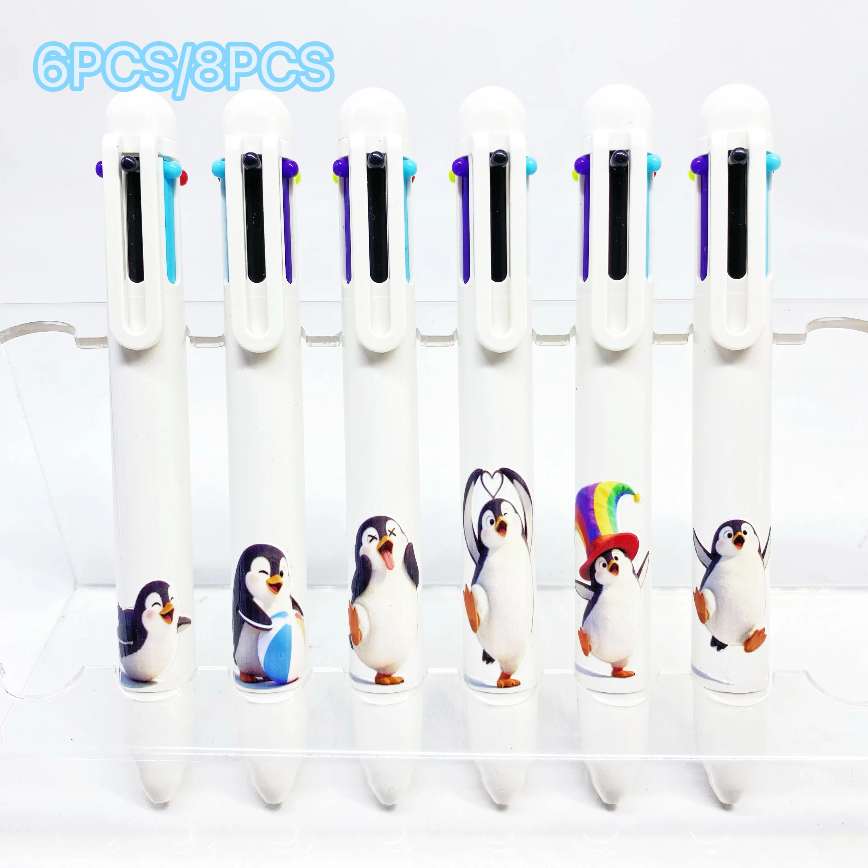 Trendy Penguin 6PCS/8PCS White Set Multicolor Ballpoint Pens Creative Student Writing Pens Office Supplies Practical Goodies