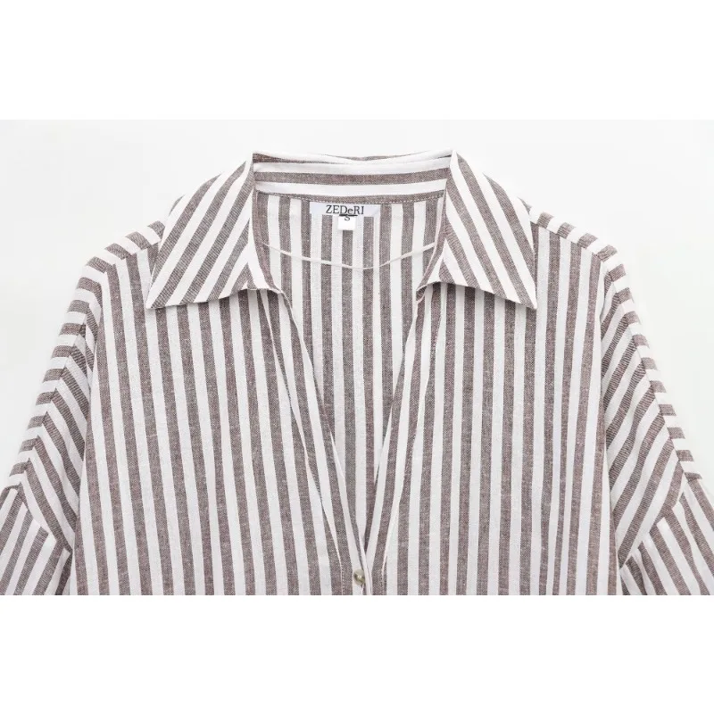 2025 Striped Shirt Women's 3/4 Sleeve V-neck Collar Oversized Beachwear Boho Chic Vintage Street Style Spring Summer