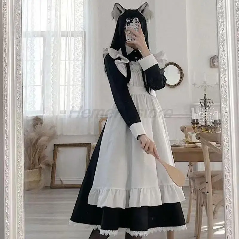 Vestido de mucama clásico de Lolita para mujer, trajes de Cosplay de Anime, manga larga, color negro, S-3XL