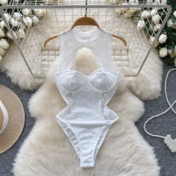 Women Hotsweet Vintage Lace Mesh Bodysuits Chic Sleeveless Jumpsuits Slim Hollow Out Top Rompers Summer Beach Sexy Clothing