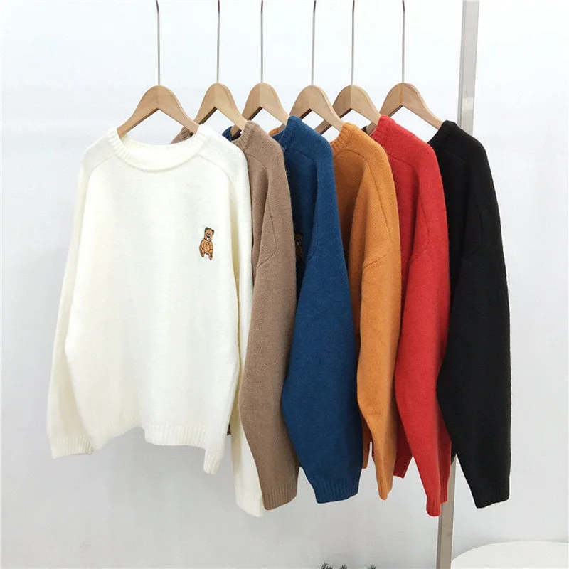 Autumn Winter Fashion Solid Color Bear Sweaters New Long Sleeve All-match O-collar Casual Loose Bottoming Knitting Shirt 2022