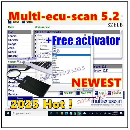 Imagen 1 del producto El más nuevo Multiecuscan V5.2 registrado ilimitado Keygen para Fiat Scanner Multi Ecu Scan funciona para la herramienta de diagnóstico ELM327 OBDII