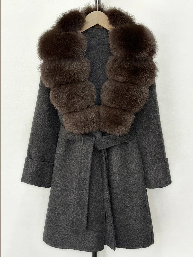 Женское пальто из натурального лисьего меха, новинка 2023 года, зимняя куртка с карманами на поясе, женская свободная шерстяная верхняя одежда, уличная одежда