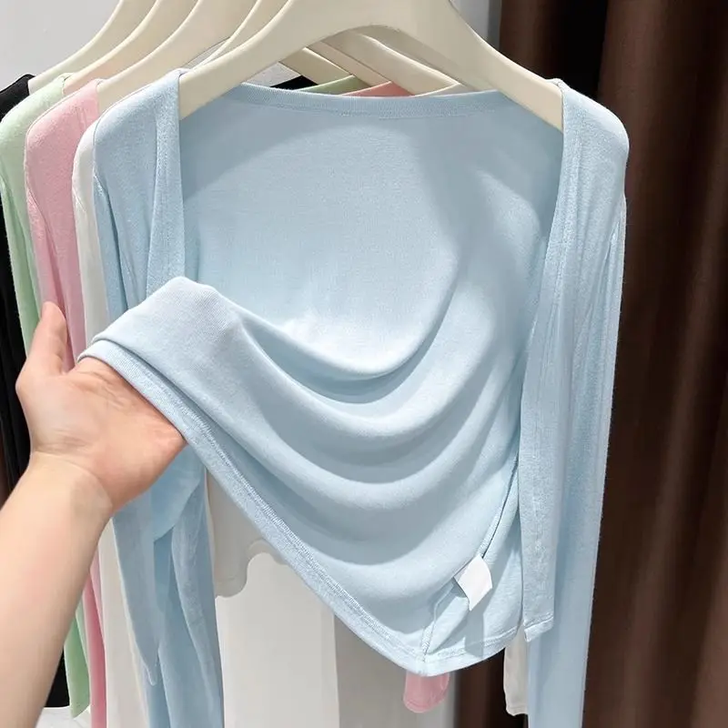 

Женская модная накидка-кардиган больших размеров из модала и ледяного шелка с защитой от солнца, с коротким и длинным рукавом, цветная